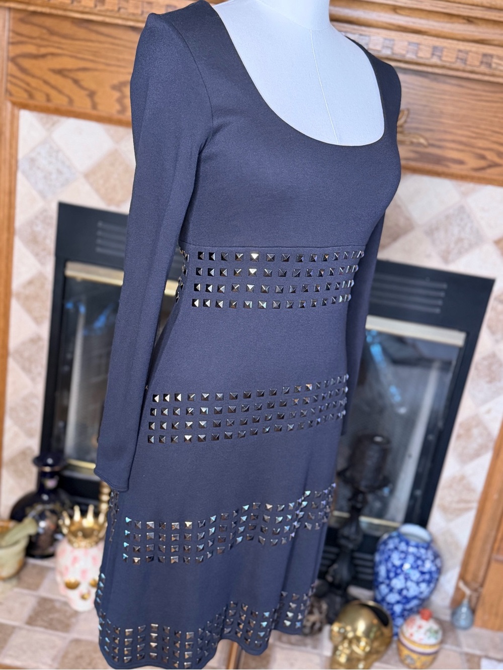 Bailey 44 Charcoal Long Sleeve Studded Scoop Neck Dress Women’s Size Small